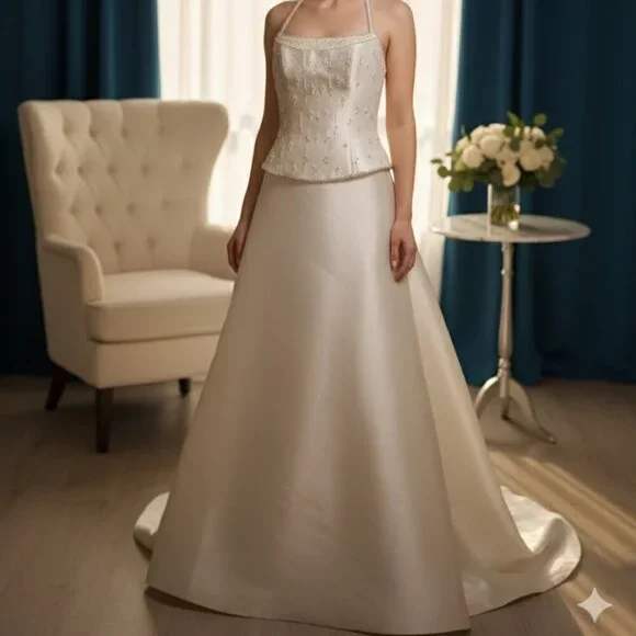 👑Pronovias Barcelona Bridal | Y2K Champagne Gown | Beaded Bustier Peplum Corset - Picture 2 of 13